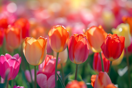 Beautiful Spring Nature background with tulip Flowers, selective focus. Vivid colors.の素材