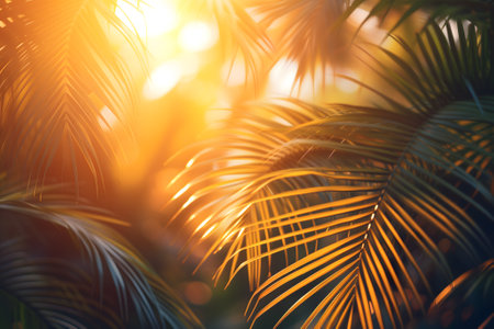 Vibrant sunny backdrop palm leaves with golden sun light.の素材
