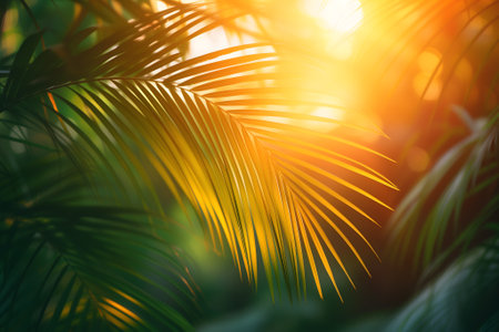 Vibrant sunny backdrop palm leaves with golden sun light.の素材