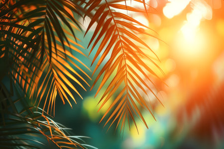 Vibrant sunny backdrop palm leaves with golden sun light.の素材