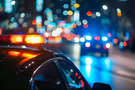 police car lights at night in city street with selective focus and bokehの素材