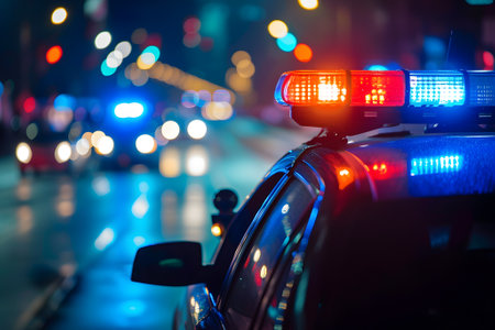 police car lights at night in city street with selective focus and bokehの素材