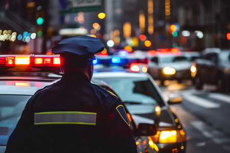 police officer near car with lights in city street with selective focus and bokehの素材
