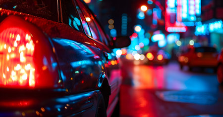 police car lights at night in city street with selective focus and bokehの素材