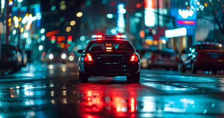 police car with flashing lights at night in city streetの素材
