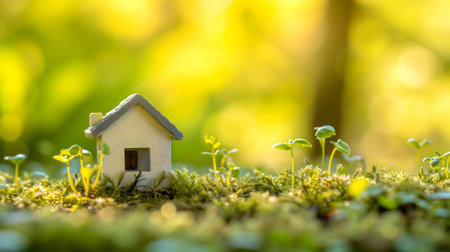 Tiny toy house on spring grass sprouts.の素材
