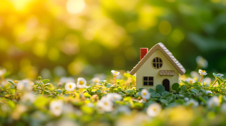Tiny toy house on spring grass sprouts.の素材