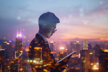 Double exposure of business and a city - Asian businessman using a digital tablet superimposed on a city skylineの素材