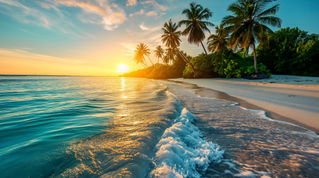 tropical beach view at sunset or sunrise with white sand, turquoise water and palm treesの素材