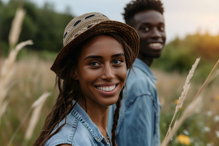 young adult heterosexual diverse couple in beautiful summer natureの素材