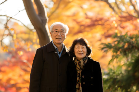 senior heterosexual Asian couple in beautiful autumnal natureの素材