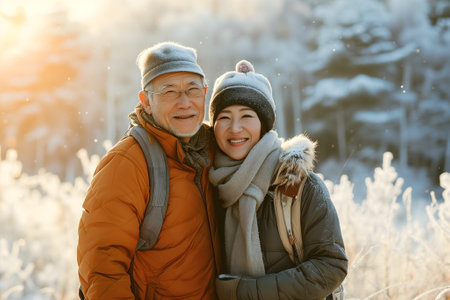 Senior heterosexual Asian couple in beautiful snowy winter natureの素材