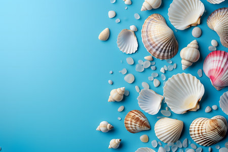 Seashells, pebbles, mockup on blue background. Blank, top view, still life, flat lay. Sea vacation travel concept tourism and resorts. Summer holidays.の素材