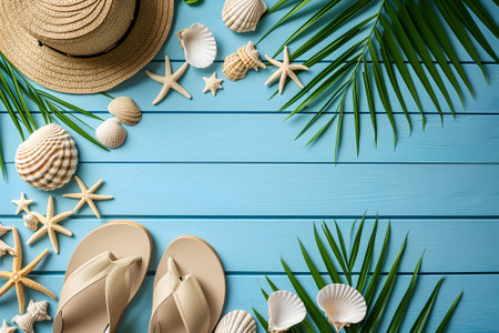 Hat, flip-flops, palm tree leaves on blue background. Blank, top view, still life, flat lay. Sea vacation travel concept tourism and resorts. Summer holidays.の素材