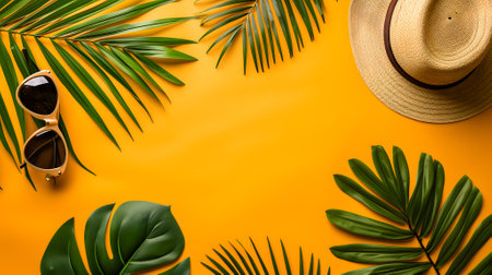 Hat, sunglasses, palm tree leaves on yellow background. Blank, top view, still life, flat lay. Sea vacation travel concept tourism and resorts. Summer holidays.の素材