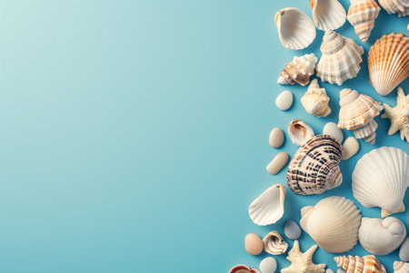 Seashells, pebbles, mockup on blue background. Blank, top view, still life, flat lay. Sea vacation travel concept tourism and resorts. Summer holidays.の素材