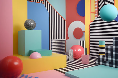 abstract background of playful convergence of 2D pop-art graphics and 3D geometric shapes creating a vibrant multiverse portal, embodying high-energy and big-impact visualsの素材