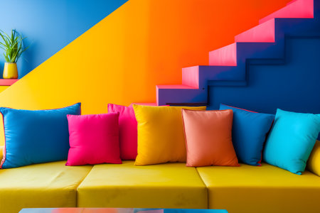 Colorful vivid interior decorated with sofa and pillowsの素材