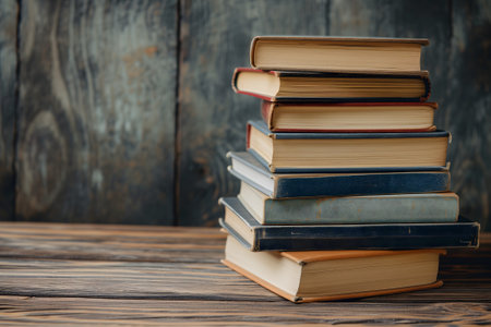 Stack of books on wooden board backgroundの素材