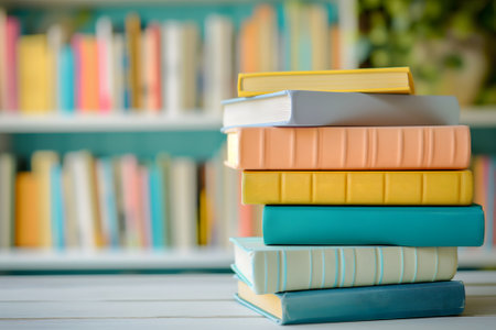 stack of books on table in front of blurred book shelfの素材