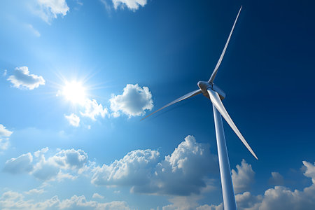 Low angle of wind turbine against bright blue sky. Renewable or green energy concept.の素材
