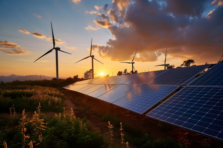 wind turbines and solar panels in the field at summer sunsetの素材