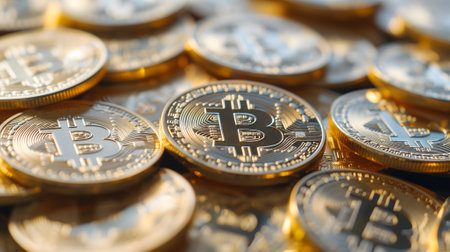 Golden bitcoin shiners closeup full-frame background.の素材