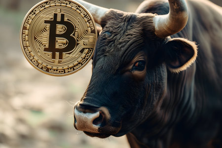 Bull pokes up bitcoin with its snout. Bullish trend concept.の素材
