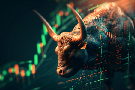 bull with stock market chart in the backgroundの素材