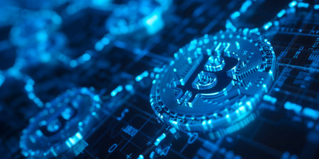 bitcoin shiners laid over circuit boardの素材