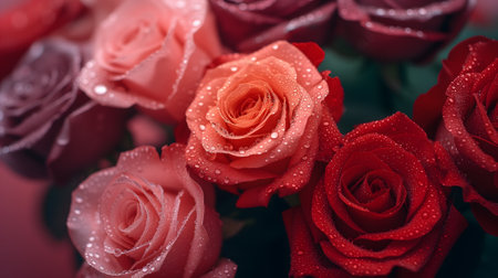 A lush bouquet of roses with dew dropsの素材