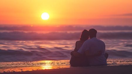 Couple in love watching the sunset on a beachの素材