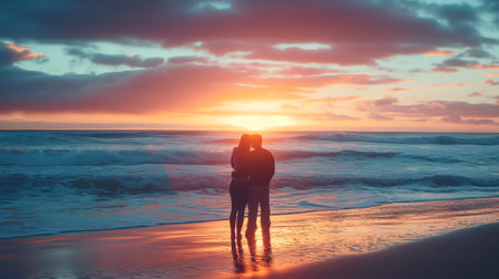 Couple in love watching the sunset on a beachの素材