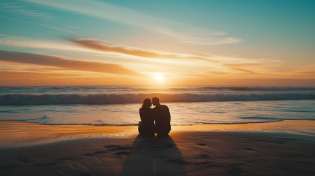 Couple in love watching the sunset on a beachの素材