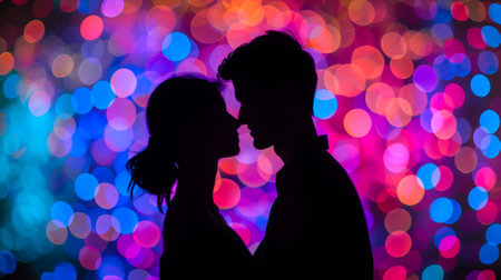 silhouette of a couple with a colorful bokeh backgroundの素材