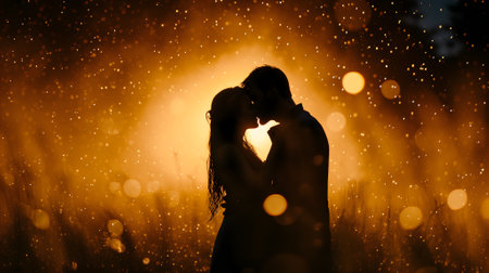 Couple kissing in the rain with back cinematic lightの素材