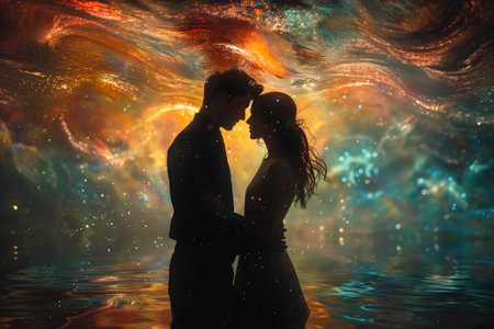 Man and woman embracing in surreal, colorful liquid fantasy dreamscapeの素材