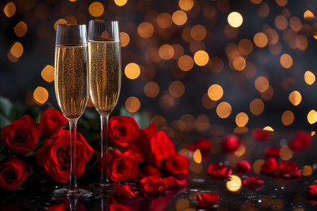 glasses with sparkling wine or champagne and red roses on table with bokeh lights in the backgroundの素材