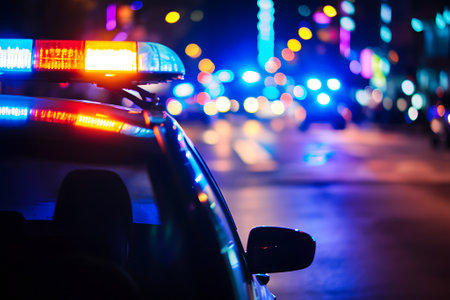 police car lights at night in city street with selective focus and bokehの素材