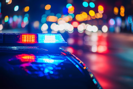 police car lights at night in city street with selective focus and bokehの素材