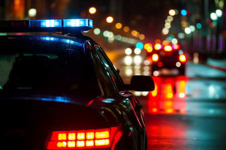 police car lights at night in city street with selective focus and bokehの素材