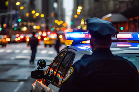 police officer near car with lights in city street with selective focus and bokehの素材