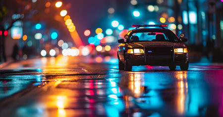 police car with flashing lights at night in city streetの素材