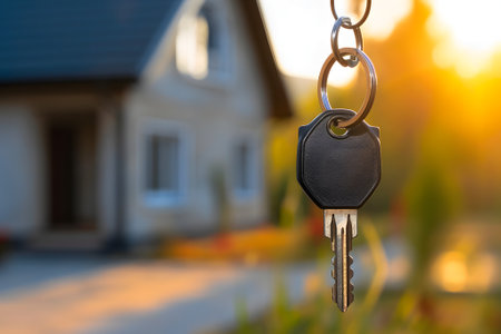 Keys in front of new house at sunny summer morning or eveningの素材