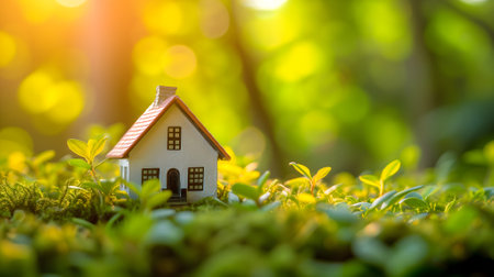 Tiny toy house on spring grass sprouts.の素材