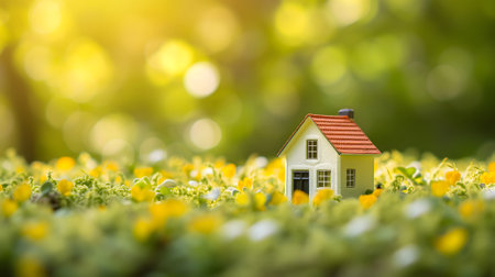 Tiny toy house on spring grass sprouts.の素材