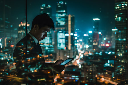 Double exposure of business and a city - Asian businessman using a digital tablet superimposed on a city skylineの素材