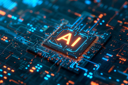 word AI on microchip on black circuit board with orange glowの素材