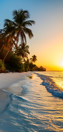 tropical beach view at sunset or sunrise with white sand, turquoise water and palm treesの素材