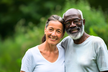 senior heterosexual diverse couple in beautiful summer natureの素材